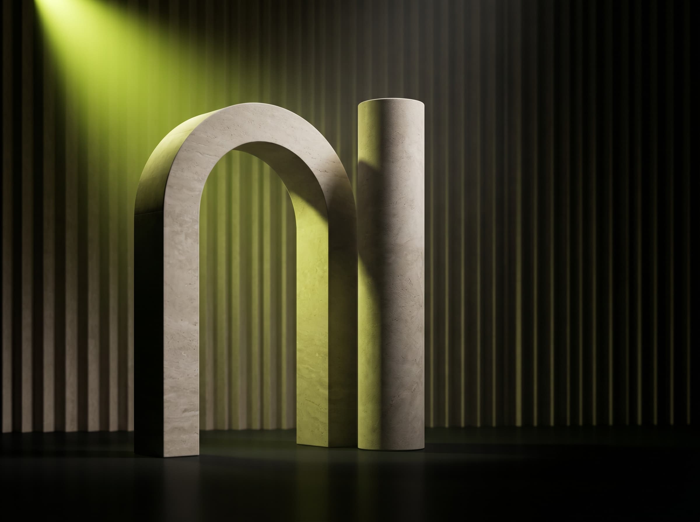 Editorial architectural sculpture lit by a single accent spotlight